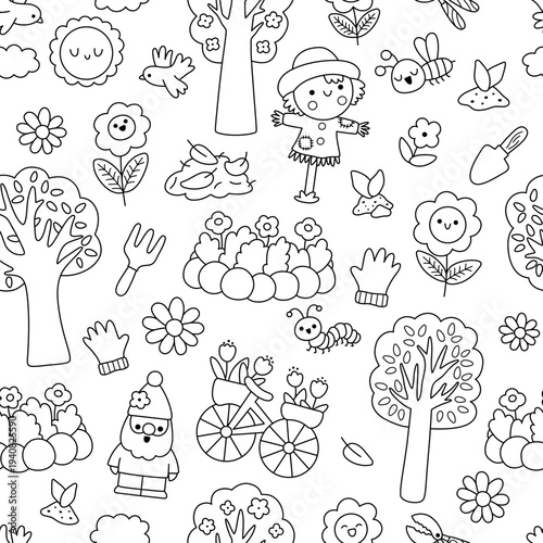Vector black and white spring garden seamless pattern. Cute line farm repeat background with flower bed, gnome, scarecrow, plants, blooming trees. Nature digital paper, coloring page