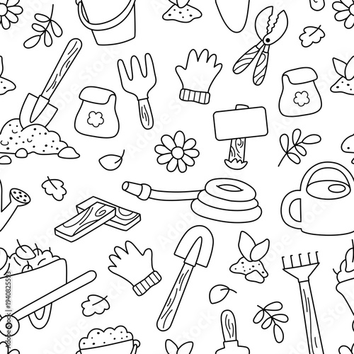 Vector black and white garden seamless pattern. Cute line farm repeat background with tools for gardening work, growing plants, equipment. Nature digital paper, coloring page
