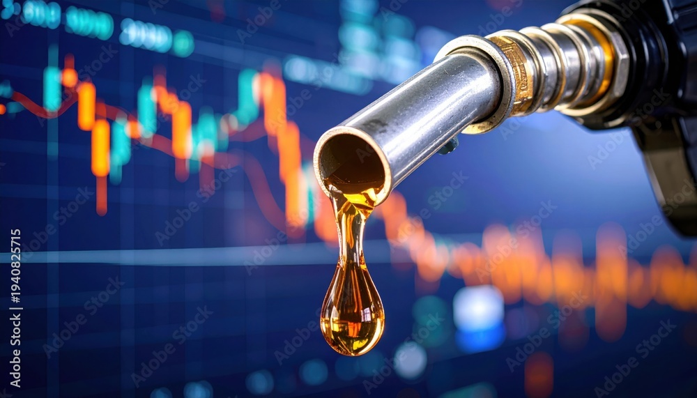 Obraz premium Macro shot of golden oil droplet dripping from gasoline pump nozzle with digital financial trading charts in background