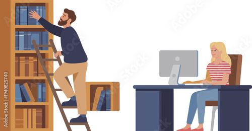 Library study scene with man taking book from bookshelf ladder and woman working on computer desk, education workspace flat vector illustration