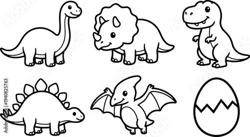 Line art kids coloring set of six cute dinosaurs and cracked egg in simple black outline vector sheet playful flat