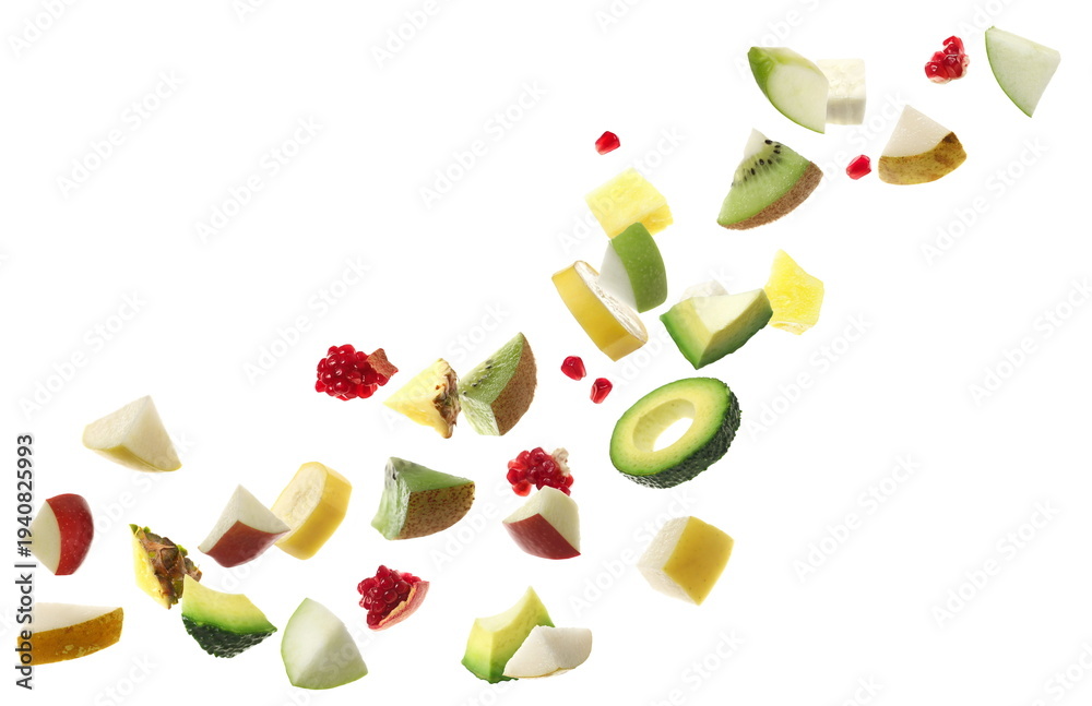Fototapeta premium Different colorful fresh fruit slices and cubes fall, isolated on white background, vitamin explosion, vitality and health, clipping path