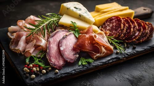Gourmet Charcuterie Board with Cured Meats Cheeses and Herbs.