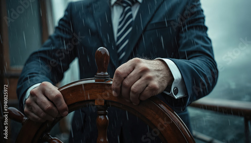 Man in suit pilots boat through storm. Hands grip wooden helm. Heavy rain falls on stormy sea. Navigating rough waters through difficult times, taking charge.