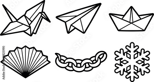 Minimal line art icon set showing origami crane paper airplane paper boat folding fan chain and snowflake in bold outline