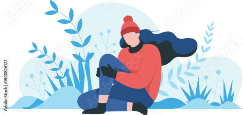 Woman sitting in winter outdoors illustration, contemplative seated person, warm hat and gloves, cozy layered clothing, seasonal nature scene, flat vector art, outdoor relaxation