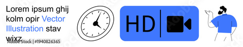 Digital communication, video streaming, time efficiency, media editing, online tutorials, personal productivity. Clock, HD video icon and person gesturing. Digital communication and video streaming