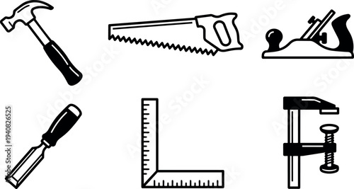 Flat design close up set of black woodworking tool icons including hammer saw plane chisel square clamp on minimal white background