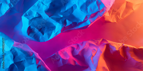 Abstract a contemporary artistic vision with crumpled paper in the vivid embrace of multi-colored neon lights. a dramatic play of light and shadow, evoking a dynamic visual journey.