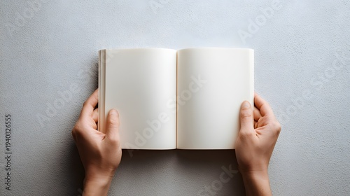 Hands Holding Open Blank Book on Gray Background Top View.
