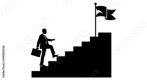 Businessman climbing stairs towards flag, symbolizing success and career growth