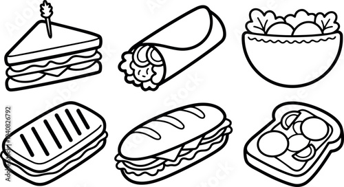 Line art food icon set of six sandwiches wrap salad and toast top view simple vector outline for menu design