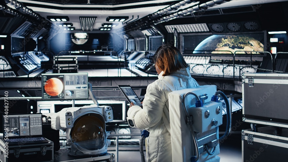 Fototapeta premium Female astronaut performing routine maintenance in starship exploring deep space, travelling to Mars. Woman in spacecraft navigating orbital trajectory after leaving Earth