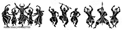Traditional folk dance silhouettes, ethnic group performing cultural dance, tribal warriors and dancers vector set