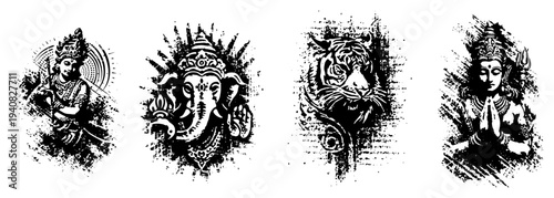 Indian mystical and spiritual art set, Ganesha, tiger, Buddha, hindu deity silhouettes, detailed grunge vector collection