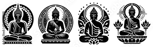 Buddha meditation pose silhouettes, zen spiritual icons, lotus position buddhism symbols vector set