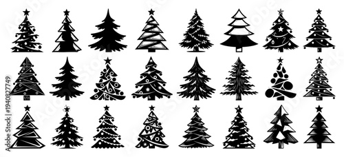 Christmas tree silhouette set, collection of festive fir trees for winter holidays and greeting card design