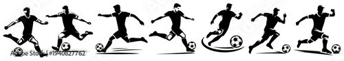 Soccer player silhouettes set, football players in action, dribbling and kicking ball vector illustration