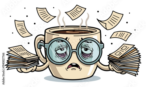 Tired coffee mug character with paperwork, burnout and office stress concept, cute cartoon vector illustration