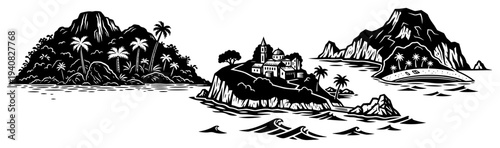 Tropical island landscape silhouette, exotic paradise beach with palm trees and village, vector illustration