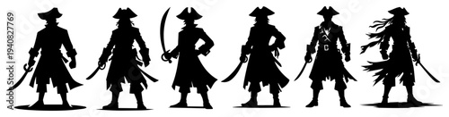 Pirate captain silhouettes, dangerous sea robbers with swords, set of buccaneer characters vector