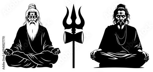 Sadhu or yogi meditation silhouettes, spiritual Indian monk sitting in lotus pose, trishula symbol vector