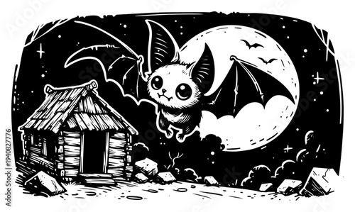 Spooky bat flying over haunted house, moonlit night Halloween scene, cute dark gothic vector illustration
