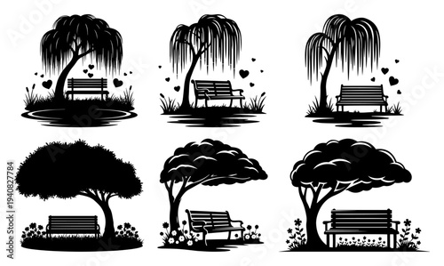 Park bench under trees silhouettes, romantic garden and nature seating areas, landscape park design elements