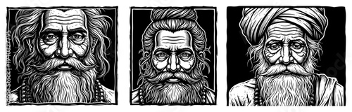 Portrait set of Indian sadhus, bearded wise men or monks, detailed spiritual historical character illustrations
