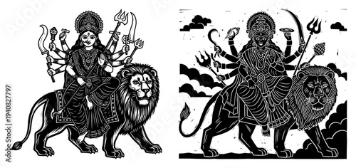 Goddess Durga riding lion, powerful Hindu deity illustration, religious cultural symbol vector