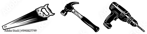Carpentry and construction tools set, saw hammer and drill icon collection, home repair workshop equipment
