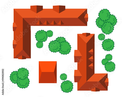 Building and green trees overhead view illustration