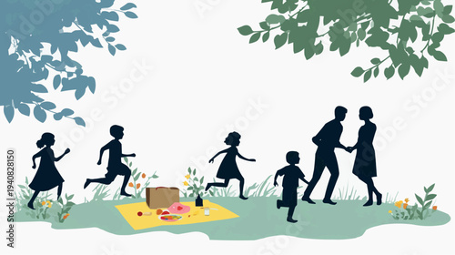 Flat vector illustration of children's silhouettes running in a park, ideal for family-themed websites, educational materials, or outdoor activity promotions.