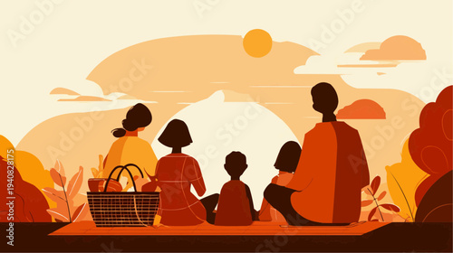 Flat vector illustration of family silhouettes sitting on a picnic blanket, ideal for websites, social media, or promotional materials about family activities.