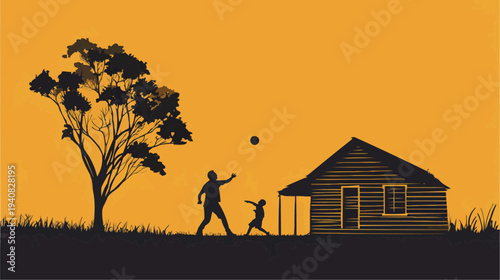 Flat vector illustration of a father and son playing with a ball near a house, ideal for family-themed websites, parenting blogs, or children's book covers.