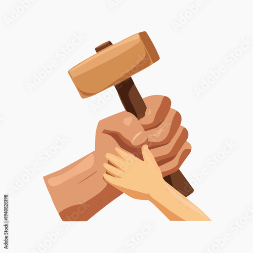 Flat vector illustration of a father's hand teaching a child to hold a hammer, suitable for parenting blogs, educational materials, or family-themed designs.