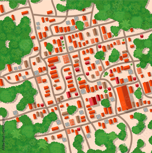 Town map showing a residential area with houses, roads, and green spaces, ideal for urban planning concepts