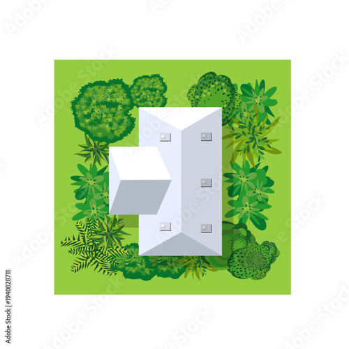 House roof with garden and trees top view
