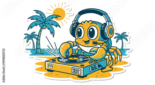 Funny DJ Crab Crustacean Scratching Vinyl Record on Tropical Beach Summer Party