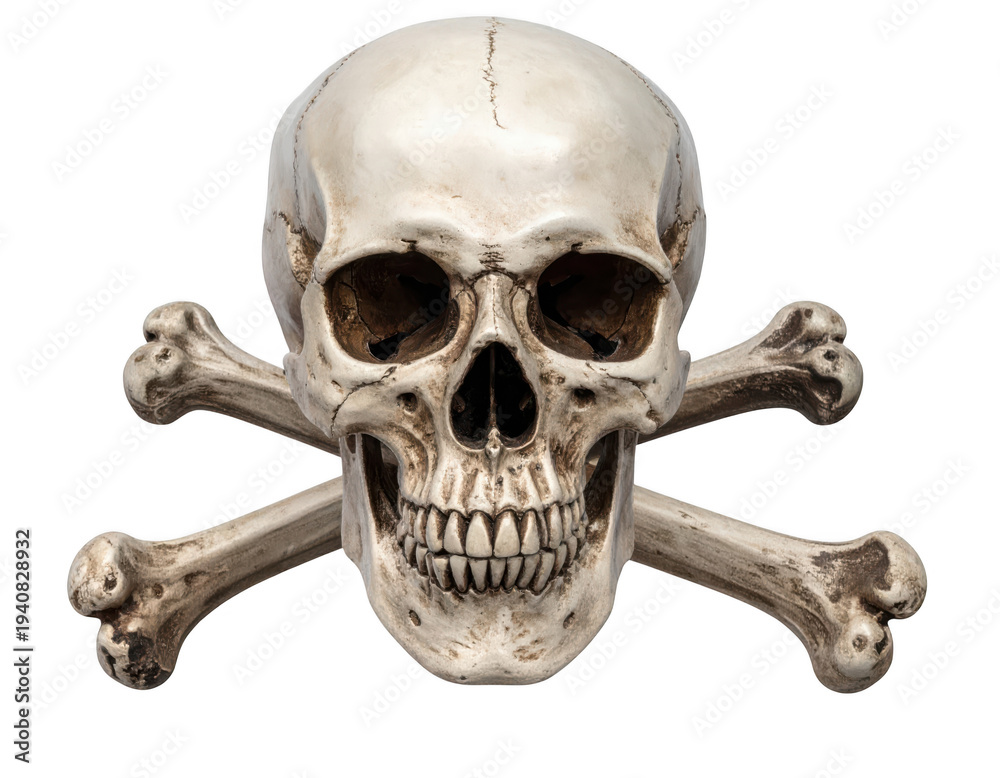 Obraz premium White human skull with crossed bones isolated on a transparent background