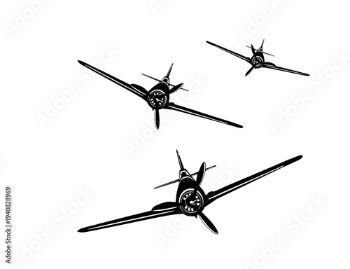 Trio of Vintage Fighter Planes Flying Vector