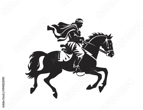 Bedouin Rider on Galloping Arabian Horse Silhouette