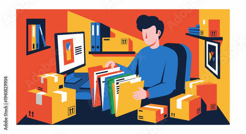 Man Packing Boxes Office.