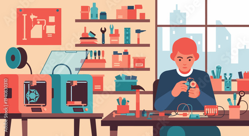 Man working with 3D printer.