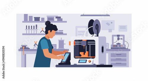 Woman Operating 3D Printer.