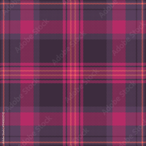 Ornate vector check textile, tiny pattern background seamless. Livingroom fabric plaid tartan texture in dark and purple colors.
