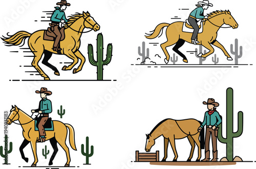 Cowboy Horse Riding Western Style Vector Illustration Set