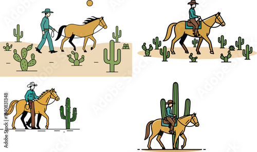 Cowboy Riding Horse Desert Cactus Vector Illustration