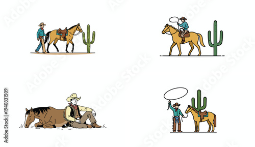 Cowboy and Horse Cartoon Vector Illustration Set
