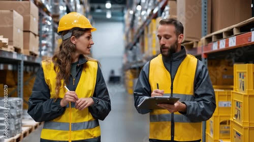 Female warehouse manager conducts discussion with logistics employee about inventory management processes in a busy warehouse during daytime operational hours